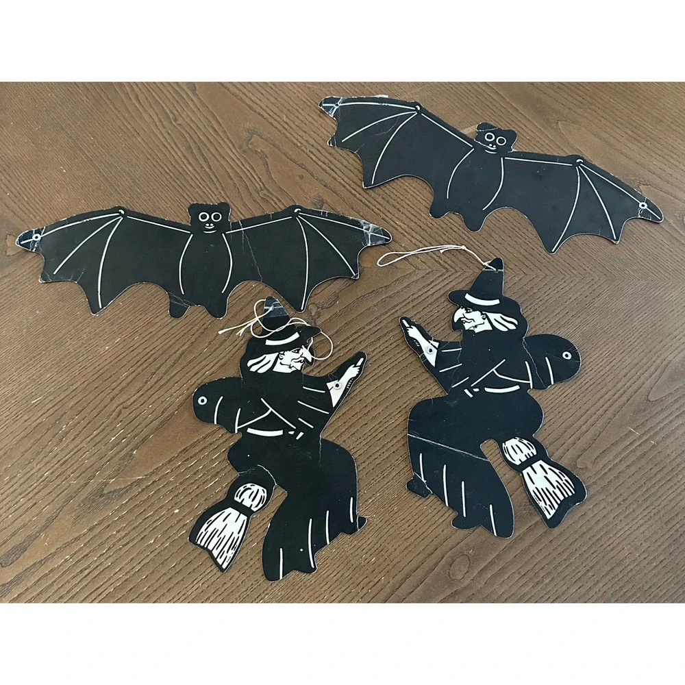 Vtg Japan Halloween Die Cut Decorations Set of 4 Black White Bats Witches Paper